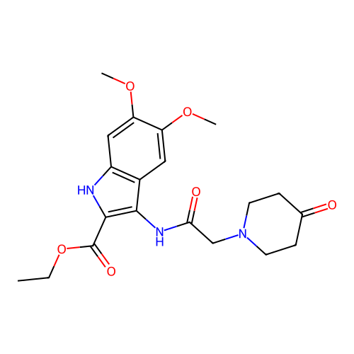 ethyl 5,6-dimethoxy-3-(2-(4-oxopiperidin-1-yl)acetamido)-1H-indole-2-carboxylate structure