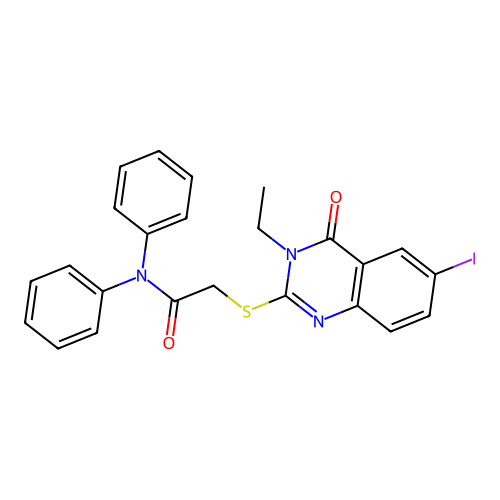 2-((3-ethyl-6-iodo-4-oxo-3,4-dihydroquinazolin-2-yl)thio)-N,N-diphenylacetamide structure