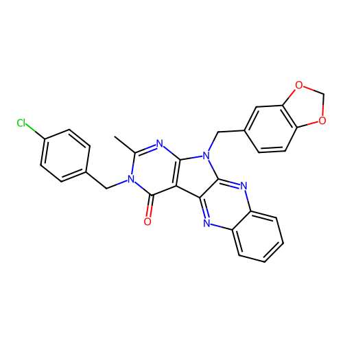 11-(benzo[d][1,3]dioxol-5-ylmethyl)-3-(4-chlorobenzyl)-2-methyl-3H-pyrimido[5',4':4,5]pyrrolo[2,3-b]quinoxalin-4(11H)-one structure