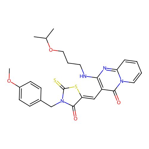 3-{(Z)-[3-(4-methoxybenzyl)-4-oxo-2-thioxo-1,3-thiazolidin-5-ylidene]methyl}-2-{[3-(propan-2-yloxy)propyl]amino}-4H-pyrido[1,2-a]pyrimidin-4-one structure