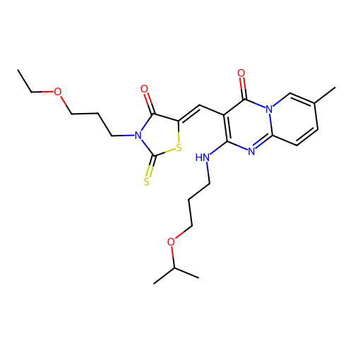 3-{(Z)-[3-(3-ethoxypropyl)-4-oxo-2-thioxo-1,3-thiazolidin-5-ylidene]methyl}-7-methyl-2-{[3-(propan-2-yloxy)propyl]amino}-4H-pyrido[1,2-a]pyrimidin-4-one structure