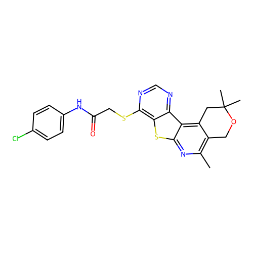 N-(4-chlorophenyl)-2-((2,2,5-trimethyl-2,4-dihydro-1H-pyrano[4'',3'':4',5']pyrido[3',2':4,5]thieno[3,2-d]pyrimidin-8-yl)thio)acetamide structure