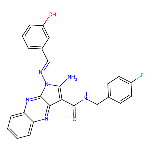 (E)-2-amino-N-(4-fluorobenzyl)-1-((3-hydroxybenzylidene)amino)-1H-pyrrolo[2,3-b]quinoxaline-3-carboxamide structure