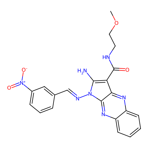 (E)-2-amino-N-(2-methoxyethyl)-1-((3-nitrobenzylidene)amino)-1H-pyrrolo[2,3-b]quinoxaline-3-carboxamide structure