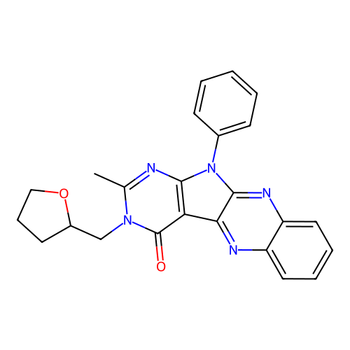 2-methyl-11-phenyl-3-((tetrahydrofuran-2-yl)methyl)-3H-pyrimido[5',4':4,5]pyrrolo[2,3-b]quinoxalin-4(11H)-one structure