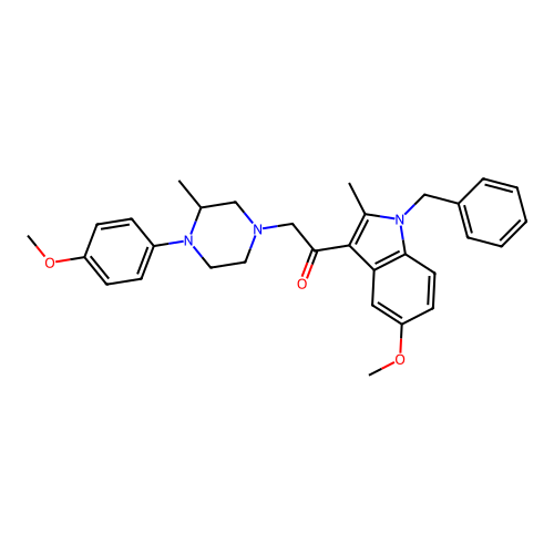 1-(1-benzyl-5-methoxy-2-methyl-1H-indol-3-yl)-2-(4-(4-methoxyphenyl)-3-methylpiperazin-1-yl)ethanone structure