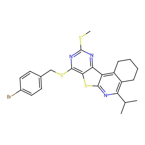 8-((4-bromobenzyl)thio)-5-isopropyl-10-(methylthio)-1,2,3,4-tetrahydropyrimido[4',5':4,5]thieno[2,3-c]isoquinoline structure