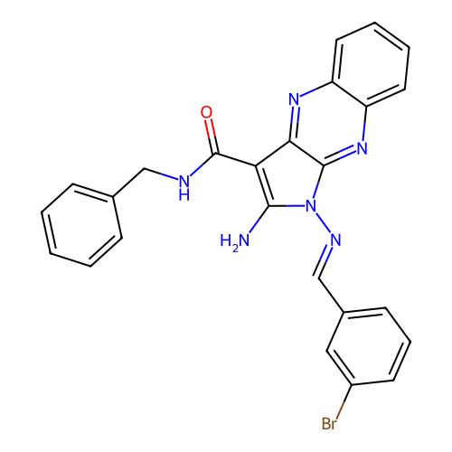 (E)-2-amino-N-benzyl-1-((3-bromobenzylidene)amino)-1H-pyrrolo[2,3-b]quinoxaline-3-carboxamide structure