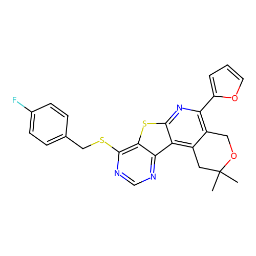 8-((4-fluorobenzyl)thio)-5-(furan-2-yl)-2,2-dimethyl-2,4-dihydro-1H-pyrano[4'',3'':4',5']pyrido[3',2':4,5]thieno[3,2-d]pyrimidine structure
