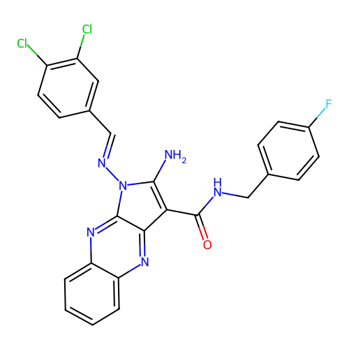 (E)-2-amino-1-((3,4-dichlorobenzylidene)amino)-N-(4-fluorobenzyl)-1H-pyrrolo[2,3-b]quinoxaline-3-carboxamide structure