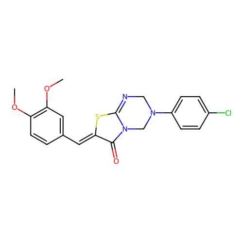 (Z)-3-(4-chlorophenyl)-7-(3,4-dimethoxybenzylidene)-3,4-dihydro-2H-thiazolo[3,2-a][1,3,5]triazin-6(7H)-one structure