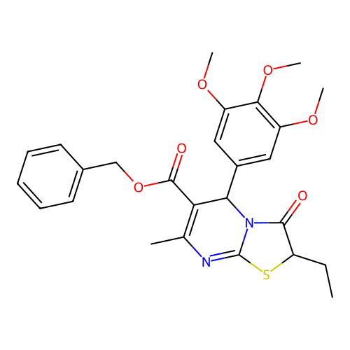 benzyl 2-ethyl-7-methyl-3-oxo-5-(3,4,5-trimethoxyphenyl)-2,3-dihydro-5H-[1,3]thiazolo[3,2-a]pyrimidine-6-carboxylate structure