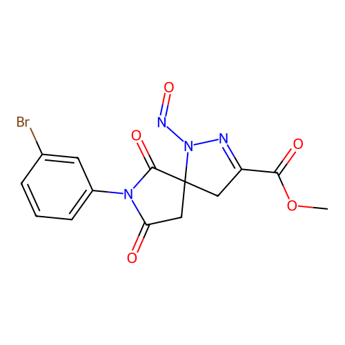 methyl 7-(3-bromophenyl)-1-nitroso-6,8-dioxo-1,2,7-triazaspiro[4.4]non-2-ene-3-carboxylate structure