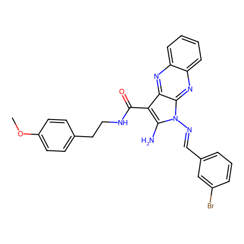 (E)-2-amino-1-((3-bromobenzylidene)amino)-N-(4-methoxyphenethyl)-1H-pyrrolo[2,3-b]quinoxaline-3-carboxamide structure