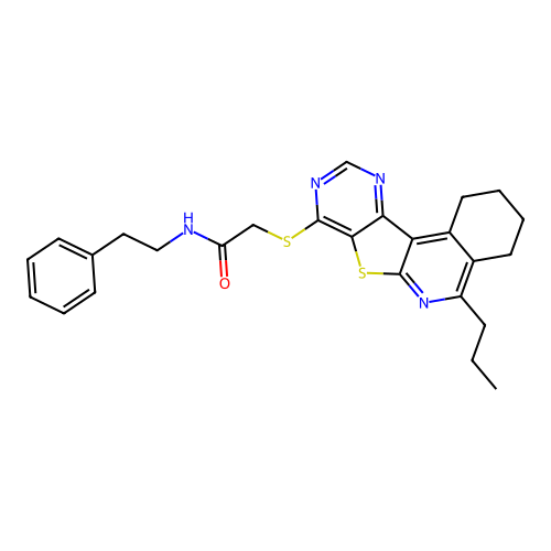 N-(2-phenylethyl)-2-[(5-propyl-1,2,3,4-tetrahydropyrimido[4',5':4,5]thieno[2,3-c]isoquinolin-8-yl)sulfanyl]acetamide structure