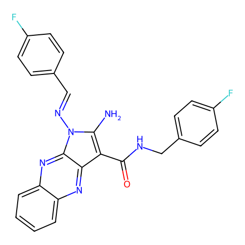(E)-2-amino-N-(4-fluorobenzyl)-1-((4-fluorobenzylidene)amino)-1H-pyrrolo[2,3-b]quinoxaline-3-carboxamide structure