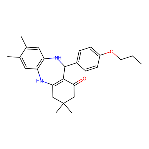 3,3,7,8-tetramethyl-11-(4-propoxyphenyl)-2,3,4,5,10,11-hexahydro-1H-dibenzo[b,e][1,4]diazepin-1-one structure