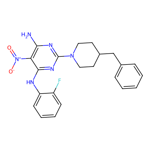 {6-Amino-5-nitro-2-[4-benzylpiperidyl]pyrimidin-4-yl}(2-fluorophenyl)amine structure