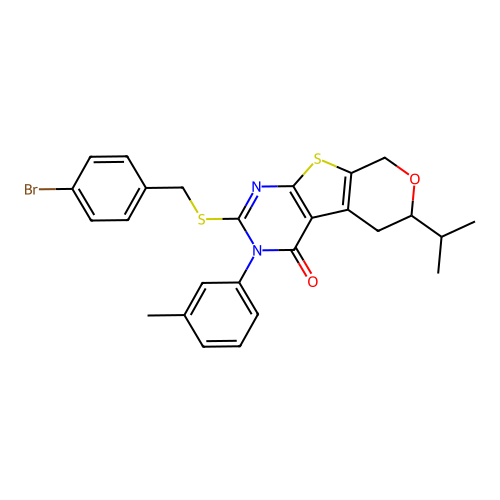 2-((4-bromobenzyl)thio)-6-isopropyl-3-(m-tolyl)-5,6-dihydro-3H-pyrano[4',3':4,5]thieno[2,3-d]pyrimidin-4(8H)-one structure