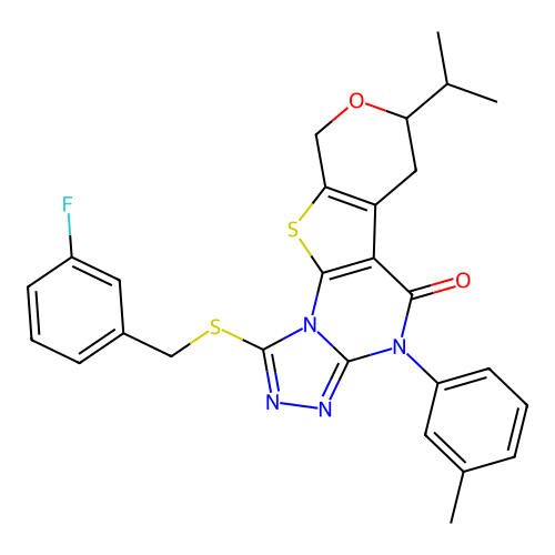 1-((3-fluorobenzyl)thio)-7-isopropyl-4-(m-tolyl)-6,7-dihydro-4H-pyrano[4',3':4,5]thieno[3,2-e][1,2,4]triazolo[4,3-a]pyrimidin-5(9H)-one structure