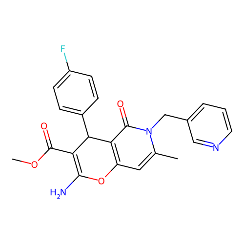 methyl 2-amino-4-(4-fluorophenyl)-7-methyl-5-oxo-6-(pyridin-3-ylmethyl)-5,6-dihydro-4H-pyrano[3,2-c]pyridine-3-carboxylate structure