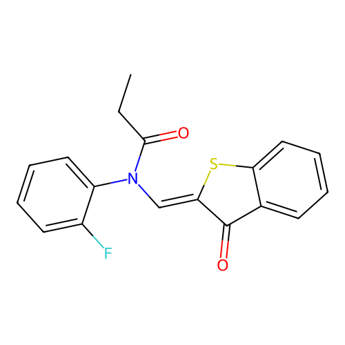 (Z)-N-(2-fluorophenyl)-N-((3-oxobenzo[b]thiophen-2(3H)-ylidene)methyl)propionamide structure