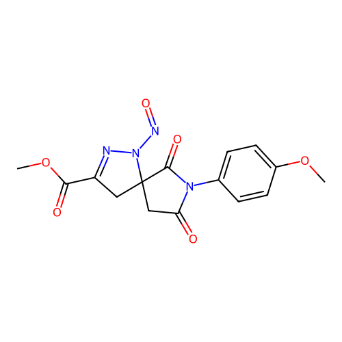 methyl 7-(4-methoxyphenyl)-1-nitroso-6,8-dioxo-1,2,7-triazaspiro[4.4]non-2-ene-3-carboxylate structure