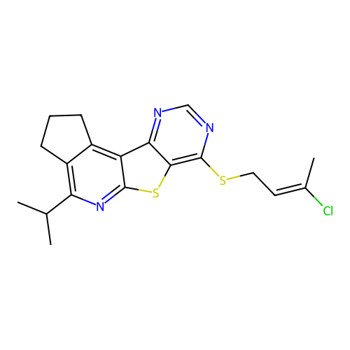 (E)-7-((3-chlorobut-2-en-1-yl)thio)-4-isopropyl-2,3-dihydro-1H-cyclopenta[4',5']pyrido[3',2':4,5]thieno[3,2-d]pyrimidine structure