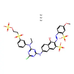 2-Naphthalenesulfonic acid, 7-[[4-chloro-6-[ethyl[3-[[2-(sulfooxy)ethyl]sulfonyl]phenyl]amino]-1,3,5-triazin-2-yl]amino]-4-hydroxy-3-[(4-methoxy-2-sulfophenyl)azo]-, trisodium salt structure