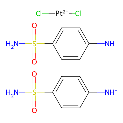 Dichloroplatinum(2+);bis((4-sulfamoylphenyl)azanide) structure