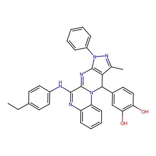 4-(6-((4-ethylphenyl)amino)-10-methyl-8-phenyl-8,11-dihydropyrazolo[3',4':4,5]pyrimido[1,2-a]quinoxalin-11-yl)benzene-1,2-diol structure