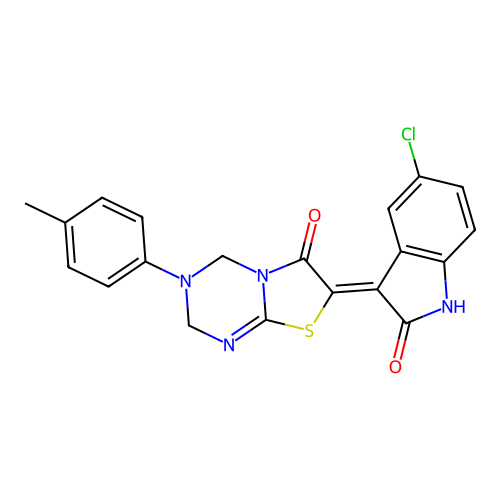 (7Z)-7-(5-chloro-2-oxo-1,2-dihydro-3H-indol-3-ylidene)-3-(4-methylphenyl)-3,4-dihydro-2H-[1,3]thiazolo[3,2-a][1,3,5]triazin-6(7H)-one structure
