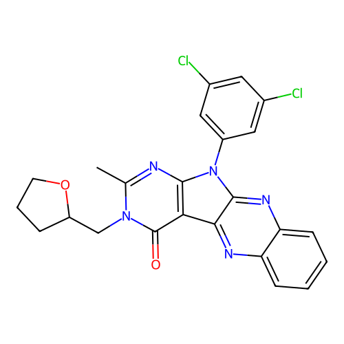 11-(3,5-dichlorophenyl)-2-methyl-3-((tetrahydrofuran-2-yl)methyl)-3H-pyrimido[5',4':4,5]pyrrolo[2,3-b]quinoxalin-4(11H)-one structure