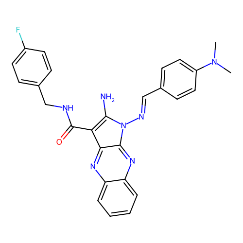 (E)-2-amino-1-((4-(dimethylamino)benzylidene)amino)-N-(4-fluorobenzyl)-1H-pyrrolo[2,3-b]quinoxaline-3-carboxamide structure