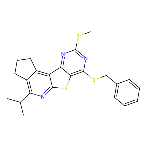 7-(benzylsulfanyl)-9-(methylsulfanyl)-4(propan-2-yl)-2,3-dihydro-1h-cyclopenta[4',5']pyrido[3',2':4,5]thieno[3,2-d]pyrimidine structure