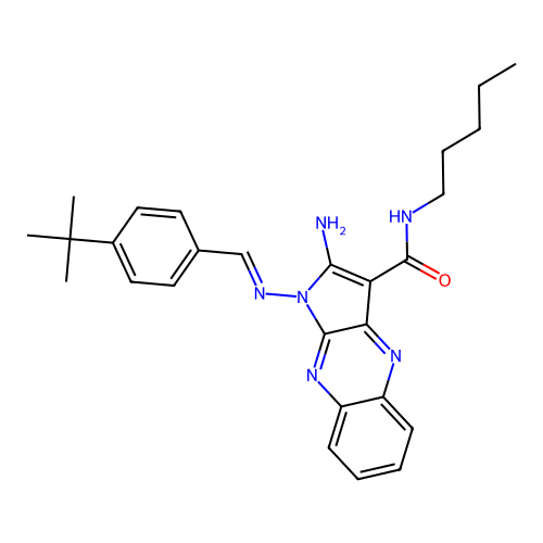 (E)-2-amino-1-((4-(tert-butyl)benzylidene)amino)-N-pentyl-1H-pyrrolo[2,3-b]quinoxaline-3-carboxamide structure