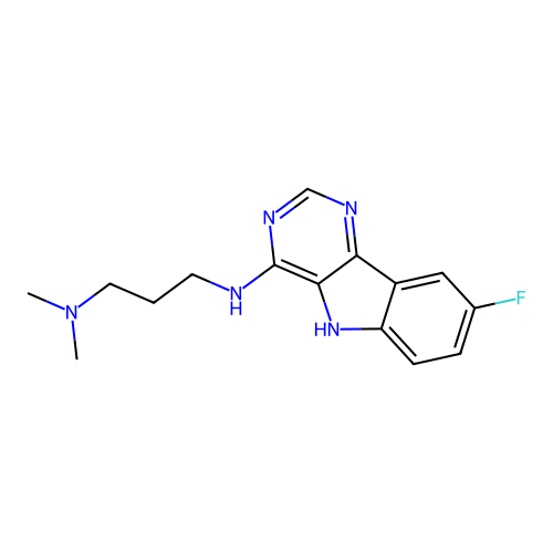 N'-(8-fluoro-5H-pyrimido[5,4-b]indol-4-yl)-N,N-dimethylpropane-1,3-diamine structure