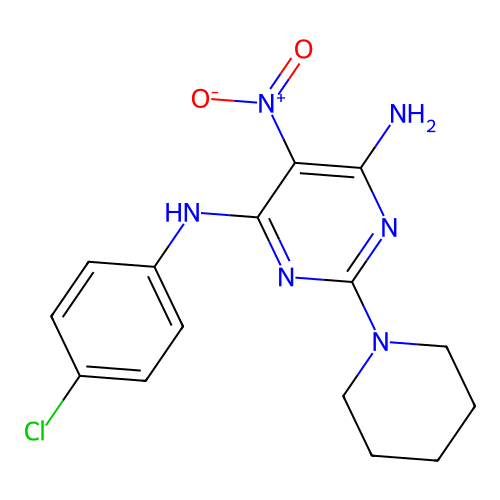 N-(4-chlorophenyl)-5-nitro-2-(piperidin-1-yl)pyrimidine-4,6-diamine structure