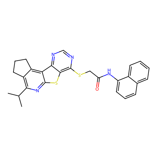 2-((4-isopropyl-2,3-dihydro-1H-cyclopenta[4',5']pyrido[3',2':4,5]thieno[3,2-d]pyrimidin-7-yl)thio)-N-(naphthalen-1-yl)acetamide structure