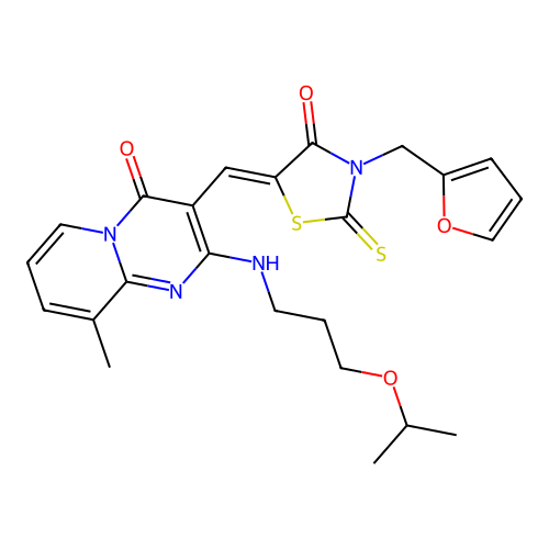 (Z)-3-(furan-2-ylmethyl)-5-((2-((3-isopropoxypropyl)amino)-9-methyl-4-oxo-4H-pyrido[1,2-a]pyrimidin-3-yl)methylene)-2-thioxothiazolidin-4-one structure
