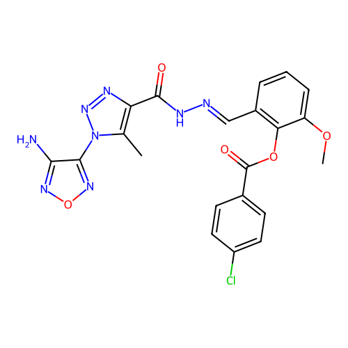 (E)-2-((2-(1-(4-amino-1,2,5-oxadiazol-3-yl)-5-methyl-1H-1,2,3-triazole-4-carbonyl)hydrazono)methyl)-6-methoxyphenyl 4-chlorobenzoate structure