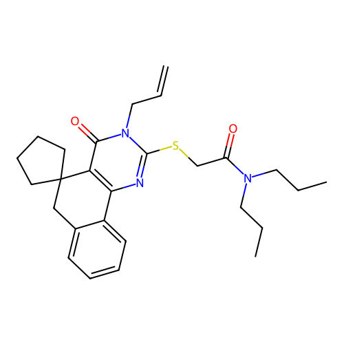 2-((3-allyl-4-oxo-4,6-dihydro-3H-spiro[benzo[h]quinazoline-5,1'-cyclopentan]-2-yl)thio)-N,N-dipropylacetamide structure