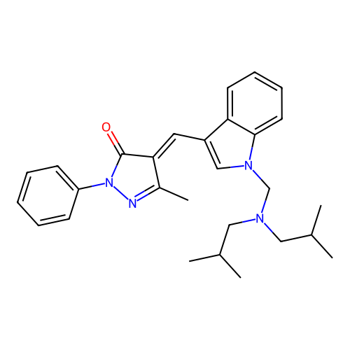 (4E)-4-[(1-{[bis(2-methylpropyl)amino]methyl}-1H-indol-3-yl)methylidene]-5-methyl-2-phenyl-2,4-dihydro-3H-pyrazol-3-one structure