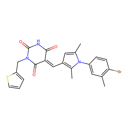 (E)-5-((1-(4-bromo-3-methylphenyl)-2,5-dimethyl-1H-pyrrol-3-yl)methylene)-1-(thiophen-2-ylmethyl)pyrimidine-2,4,6(1H,3H,5H)-trione structure