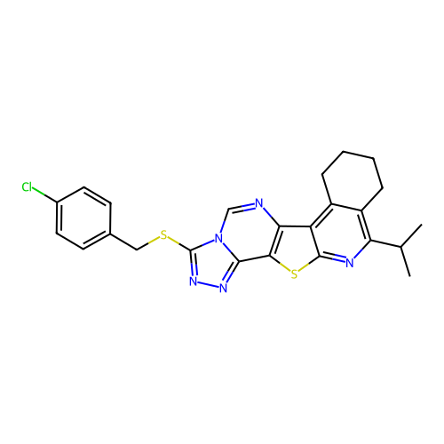 3-((4-chlorobenzyl)thio)-11-isopropyl-7,8,9,10-tetrahydro-[1,2,4]triazolo[4'',3'':1',6']pyrimido[4',5':4,5]thieno[2,3-c]isoquinoline structure