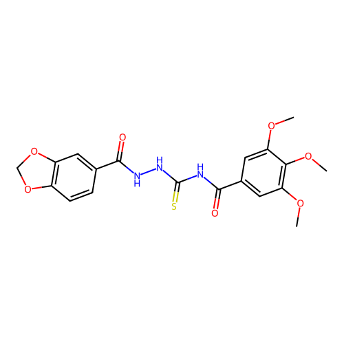 N-(2-(benzo[d][1,3]dioxole-5-carbonyl)hydrazinecarbonothioyl)-3,4,5-trimethoxybenzamide structure
