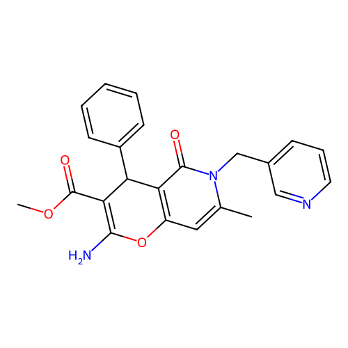 methyl 2-amino-7-methyl-5-oxo-4-phenyl-6-(pyridin-3-ylmethyl)-5,6-dihydro-4H-pyrano[3,2-c]pyridine-3-carboxylate structure