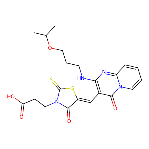 (Z)-3-(5-((2-((3-isopropoxypropyl)amino)-4-oxo-4H-pyrido[1,2-a]pyrimidin-3-yl)methylene)-4-oxo-2-thioxothiazolidin-3-yl)propanoic acid structure