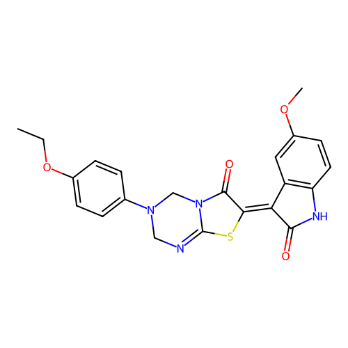 (7Z)-3-(4-ethoxyphenyl)-7-(5-methoxy-2-oxo-1,2-dihydro-3H-indol-3-ylidene)-3,4-dihydro-2H-[1,3]thiazolo[3,2-a][1,3,5]triazin-6(7H)-one structure