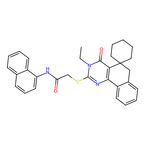 2-((3-ethyl-4-oxo-4,6-dihydro-3H-spiro[benzo[h]quinazoline-5,1'-cyclohexan]-2-yl)thio)-N-(naphthalen-1-yl)acetamide structure